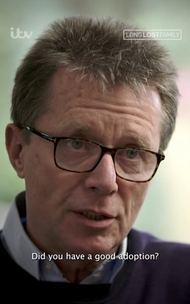 screenshot of a Long Lost Family TikTok of Nicky Campbell asking earnestly "Did you have a good adoption?"